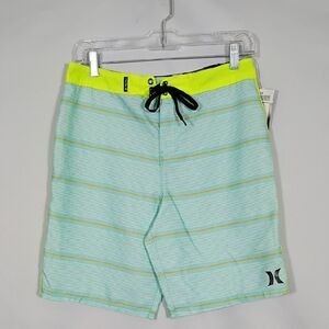 NWT Hurley Green Glow/Volt Striped Boardshorts Boys Size 16/26 Inseam 9"